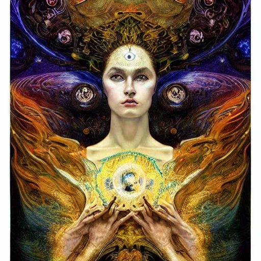 Image similar to Divine Chaos Engine by Karol Bak, Jean Deville, Gustav Klimt, and Vincent Van Gogh, beautiful visionary mystical portrait, sacred, otherworldly, fractal structures, Surreality, ornate gilded medieval icon, third eye, spirals, horizontal symmetry