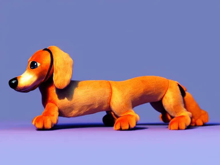 Image similar to high quality 3 d render hyperrealist very cute very fluffy smooth dachshund plush mascot, photo from the side, multi pastel colors, vray, smooth background, artstation, ultra detailed