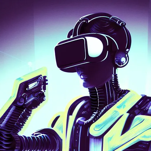 Image similar to cyberpunk bot wearing vr headset, sci - fi, portrait, illustration