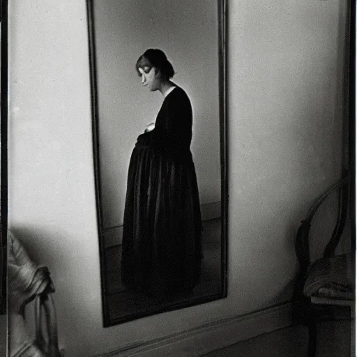 Prompt: photo portrait of a sad woman in front of her mirror taken by the photographer Clarence H. White