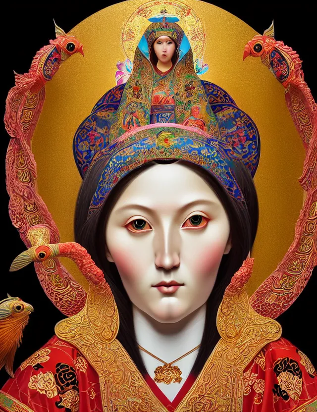 Image similar to 3 d goddess close - up profile portrait russian orthodox icon with ram skull. beautiful intricately detailed japanese crow kitsune mask and clasical japanese kimono. betta fish, jellyfish phoenix, bio luminescent, plasma, ice, water, wind, creature, artwork by tooth wu and wlop and beeple and greg rutkowski