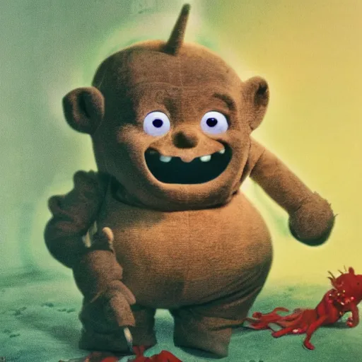 Prompt: the fifth teletubby which was cancelled for being too terrifying and violent, concept art, realistic horror 4 k.