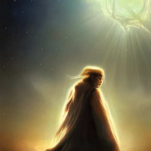 Image similar to the hyper - realistic portrait of god of dreams in a dreamy atmosphere, halo of light