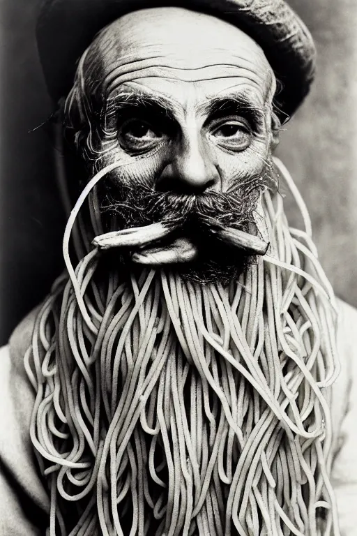 Image similar to extremely detailed portrait of old italian cook, spaghetti mustache, slurping spaghetti, spaghetti in the nostrils, spaghetti hair, spaghetti beard, huge surprised eyes, shocked expression, scarf made from spaghetti, full frame, award winning photo by james van der zee