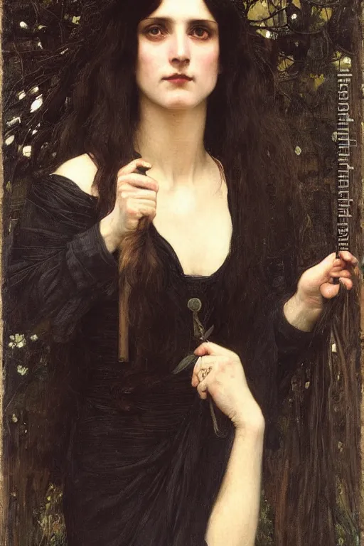 Image similar to A striking Pre-Raphaelite witch with intense eyes and jet black hair, by John Collier, by John William Waterhouse, John Everett Millais