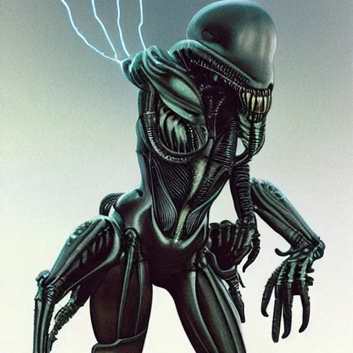 Prompt: a highly detailed 3D portrait of an attractive female cyborg standing holding a strange xenomorphic weapon in a seductive pose ready for battle. Alien spaceship high in the background. Flowing beautiful hair, anatomy portrait, fullbody, symmetrical and science fiction theme with lightning, aurora lighting clouds and stars. Clean and minimal design by beksinski, carl spitzweg, HR Giger and Tuomas Korpi and bouguereau and Zdzislaw Beksinski, good clear quality, lighting, biology, symmetrical artwork, perfect face, 135 mm, cinematic, hyper realism, high detail, octane render, 8k, crimson accents