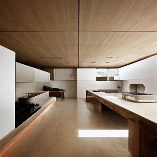 Prompt: “extravagant luxury modern kitchen, interior design, natural materials, by Tadao Ando and Koichi Takada”