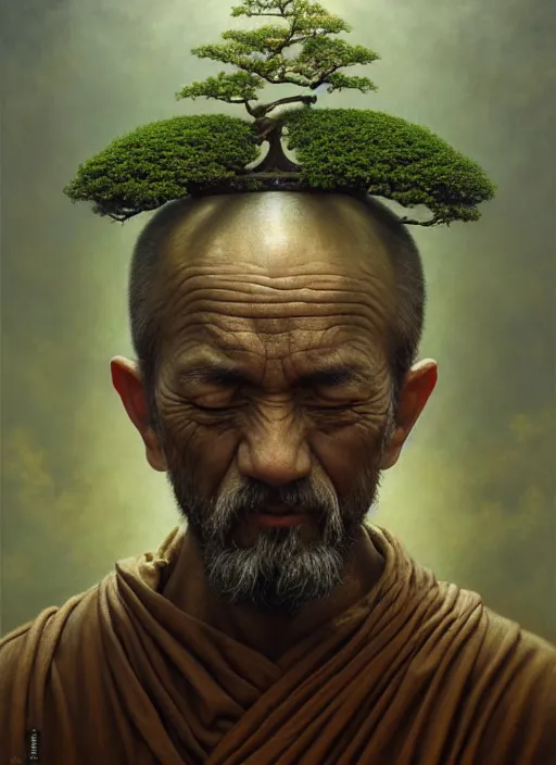 Image similar to monk with a bonsai growing out of his head, intricate, rim light, extremly detailed oil painting, by tomasz alen kopera, cgsociety and fenghua zhong, highly detailed, art, cinematic lighting, very coherent, hyper realism, high detail, 8 k