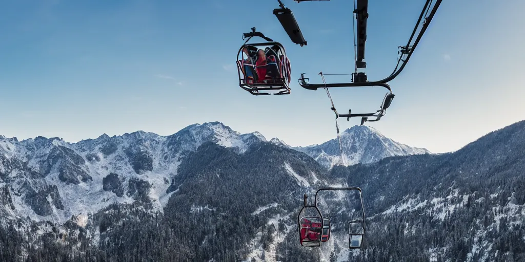 Prompt: detachable chairlift, mountains at background, 4 k,