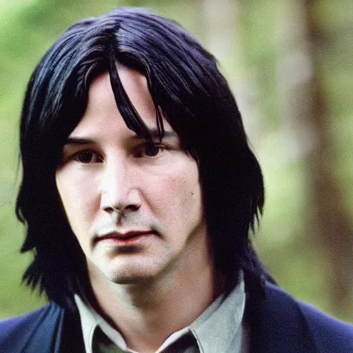 Image similar to Film Still of a Young Keanu Reeves playing a Young Severus Snape in Harry Potter, Film Still, realistic, hyperrealistic, very realistic, very very realistic, highly detailed, very detailed, extremely detailed, detailed, detailed face, very detailed face, very detailed face, realism, HD Quality, 8k resolution, intricate details, body and head in frame, Real Life