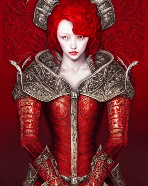 Image similar to redhead queen knight in red armor, inside grand hall in castle with rococo aesthetic, crown of roses, scarred face, elden ring, intimidating, high fantasy, intricate detail, digital painting, artstation, concept art, smooth, sharp focus, illustration, art by yoshitaka amano and monia merlo and wlop and artgerm