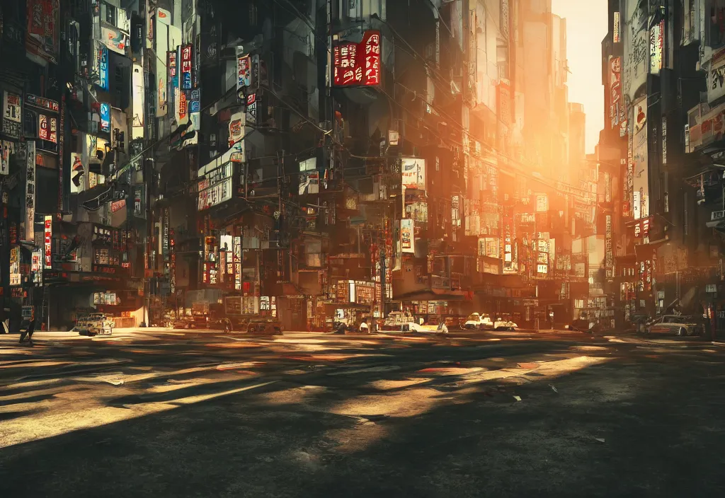 Image similar to tokyo streets cyberpunk style max payne blood trending on artstation cinematic realistic buildings windows cars peoples detailed golden ratio awesome composition color balance harmony physical correct light shadows octnae render 8 k