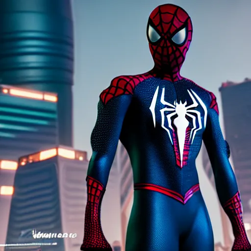 Image similar to futuristic arabic version of spiderman ps 4 suit in cyberpunk 2 0 7 7, cyberpunk style spiderman, fantasy, d & d, elegant