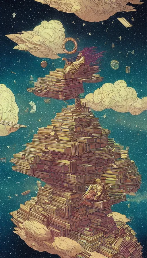 Image similar to the oracle of ancient bibliophiles floating on starlit cosmic cloudscape, futurism, dan mumford, victo ngai, kilian eng, da vinci, josan gonzalez