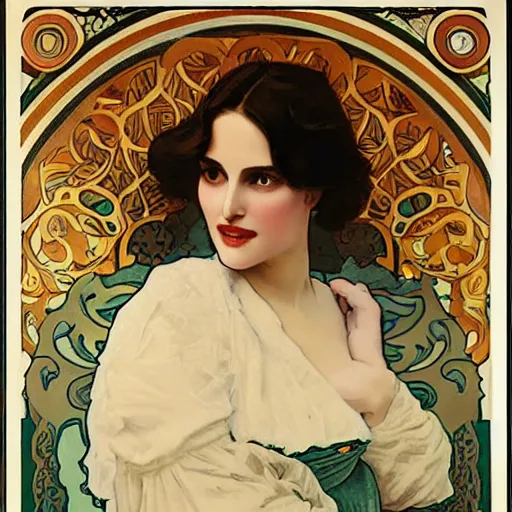 Image similar to a closeup portrait of a young natalie portman, art nouveau, jugendstil, decorative background, spirals, painted by alphonse mucha