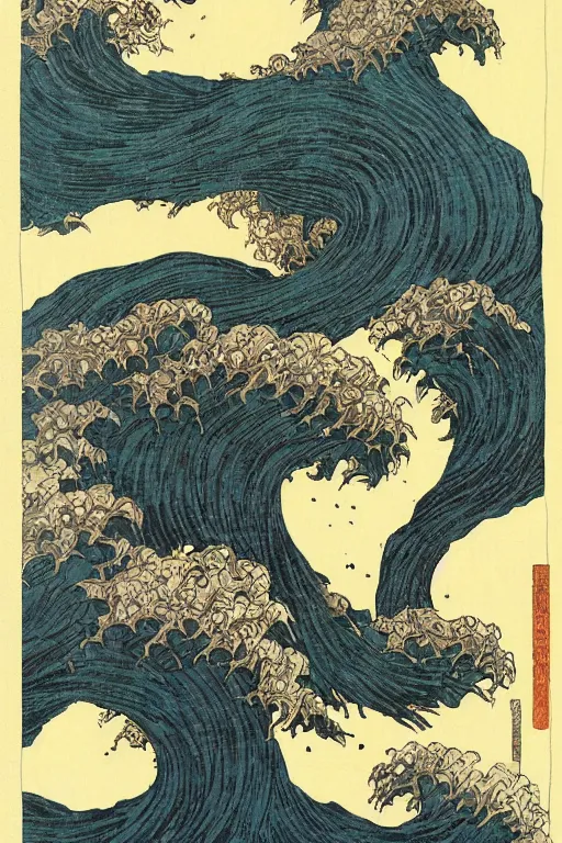 Image similar to generative art by katsushika hokusai, by ralph steadman, storybook illustration, cool color palette, in a symbolic and meaningful style