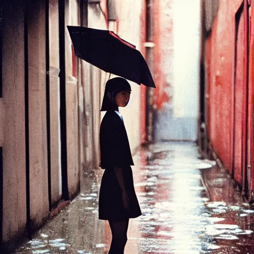 Image similar to 1990s perfect 8K HD professional cinematic photo of close-up japanese schoolgirl posing in sci-fi dystopian alleyway at morning during rain, at instagram, Behance, Adobe Lightroom, with instagram filters, depth of field, taken with polaroid kodak portra