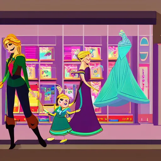 Image similar to a hand drawn illustration of Anna and Elsa walking through a toy store together, digital art, Walt Disney Pictures Walt Disney Animation Studios