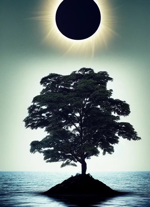 Prompt: a tree from which eyes hang instead of fruits, the tree is on top of a calm sea, in the background there is an eclipse that coincides with the tree. fantasy art, horror, nightmare, photo realistic, dynamic lighting, artstation, poster, volumetric lighting, very detailed faces, 4 k, award winning