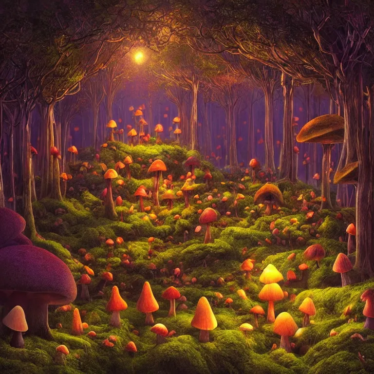 Prompt: an enchanted mushroom forest inspired by Evgeny Lushpin, midnight, full moon, cinematic, intricate, very detailed