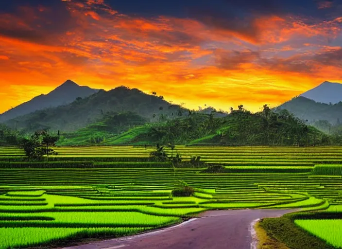 Image similar to a road between rice paddy fields, two big mountains in the background, big yellow sun rising between 2 mountains, flocks of birds in the sky, indonesia national geographic, award winning dramatic painting