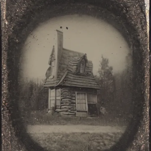 Prompt: tintype photo of a witches house