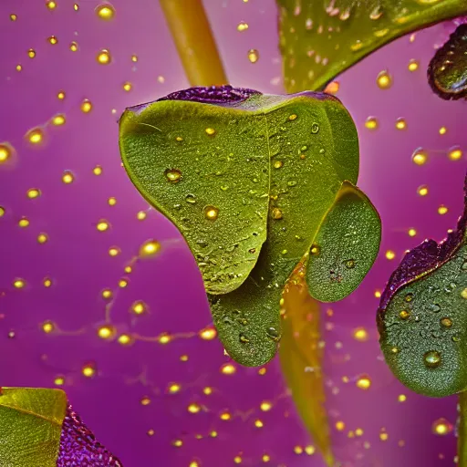 Image similar to nature shot of alien jungle fruit covered in dew drops floating atop shimmering waters, looming milky purple mist in the background, vines, tendrils, lotus style and shape in tilt shift, low angle by kazuya takahashi