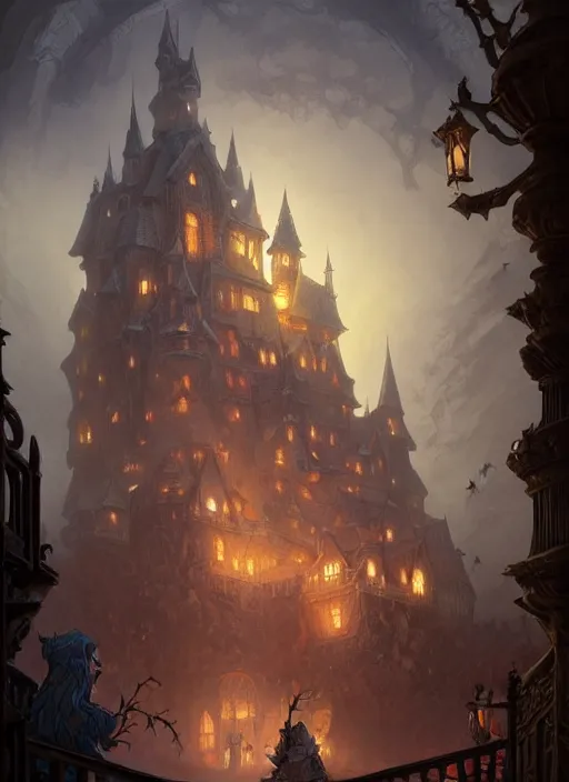 Image similar to a haunted castle, deep focus, d & d, fantasy, intricate, elegant, highly detailed, digital painting, artstation, concept art, matte, sharp focus, illustration, hearthstone, art by artgerm and greg rutkowski and alphonse mucha