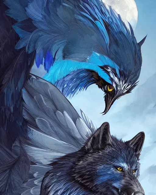 Image similar to blue feathered wolf with wings on a beautiful fantasy landscape, hills, mountains, moonlit, hd, illustration, epic, d & d, fantasy, intricate, elegant, highly detailed, digital painting, artstation, concept art, smooth, sharp focus, illustration, wallpaper, art by artgerm and greg rutkowski and alphonse mucha and jin xiaodi