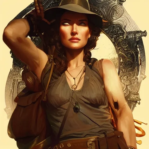 Image similar to female indiana jones, highly detailed, digital painting, artstation, concept art, sharp focus, illustration, art by artgerm and greg rutkowski and alphonse mucha