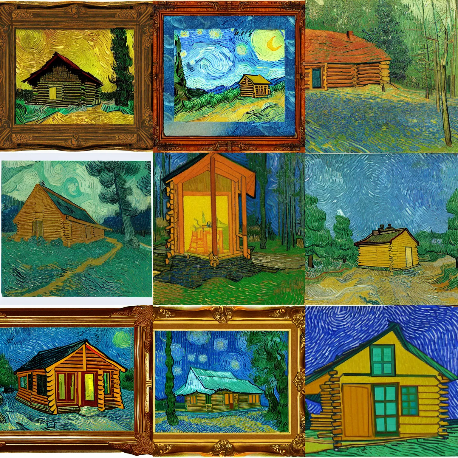 Prompt: [ a log cabin in the forest ] [ van gogh ] [ flat ]