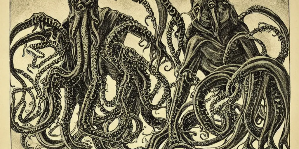 Prompt: 1920s cthulhu illustration, Scherenschnitt, wonderfully detailed, spooky