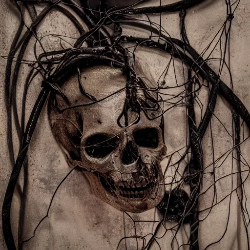 Image similar to a dark occult ritual of wires skulls skin and decay, moody, hyperrealism, 8 k photo, atmospheric