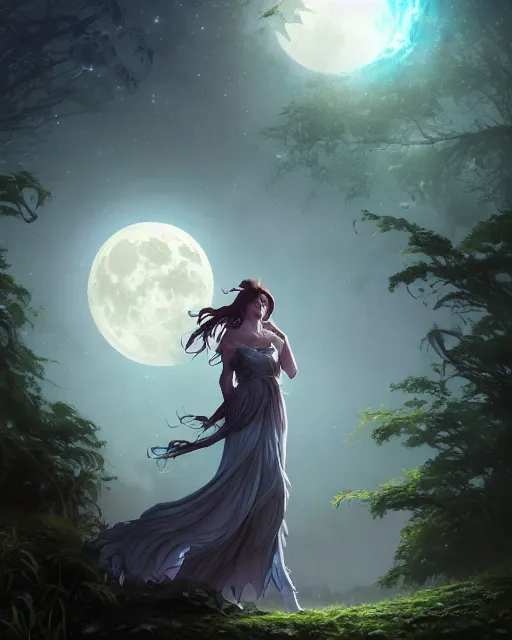 Image similar to attractive fairy goddness fly high in the night, d & d, fantasy, mist, full moon in background, trees, hyper detailed, art by artgerm and greg rutkowski and magali villeneuve, midium shot, 8 k realistic, cryengine, digital painting, trending on artstation, concept art, sharp focus, illustration,