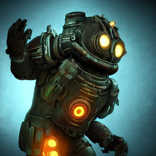 Image similar to isaac clarke as a bioshock big daddy, unreal engine 5, bioshock and deadspace crossover event, deadspace isaac clarke suit, high detail 3 d render,