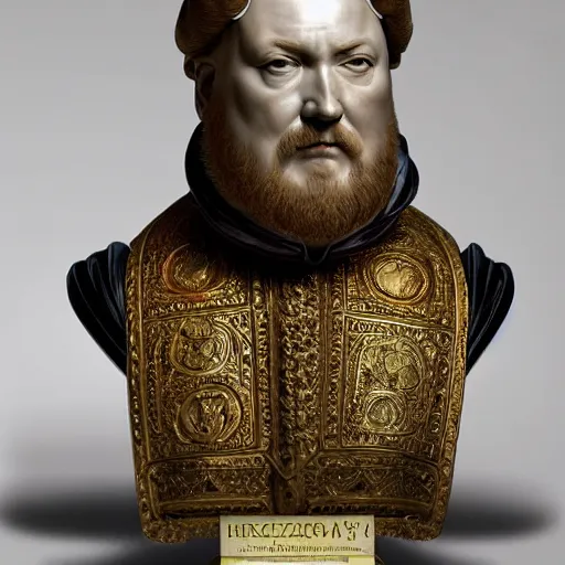 Image similar to beautiful lifelike award winning marble statue bust of henry viii trending on art station artgerm greg rutkowski alphonse mucha museum quality cinematic atmospheric