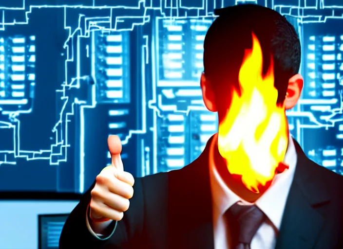 Image similar to A photo of a system administrator doing a thumb up to the camera in front on burning servers, servers in flames in the background, happy system administrator doing a thumb up, uncropped, full body