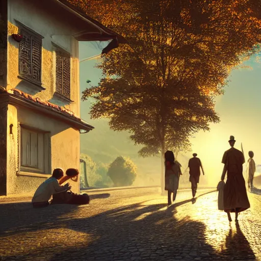 Image similar to a beautiful hyper realistic photo of banska stiavnica in summer with old houses and trees in sunset, sky, people walking on street, unreal engine, by greg rutkowski and james gurney, artstation