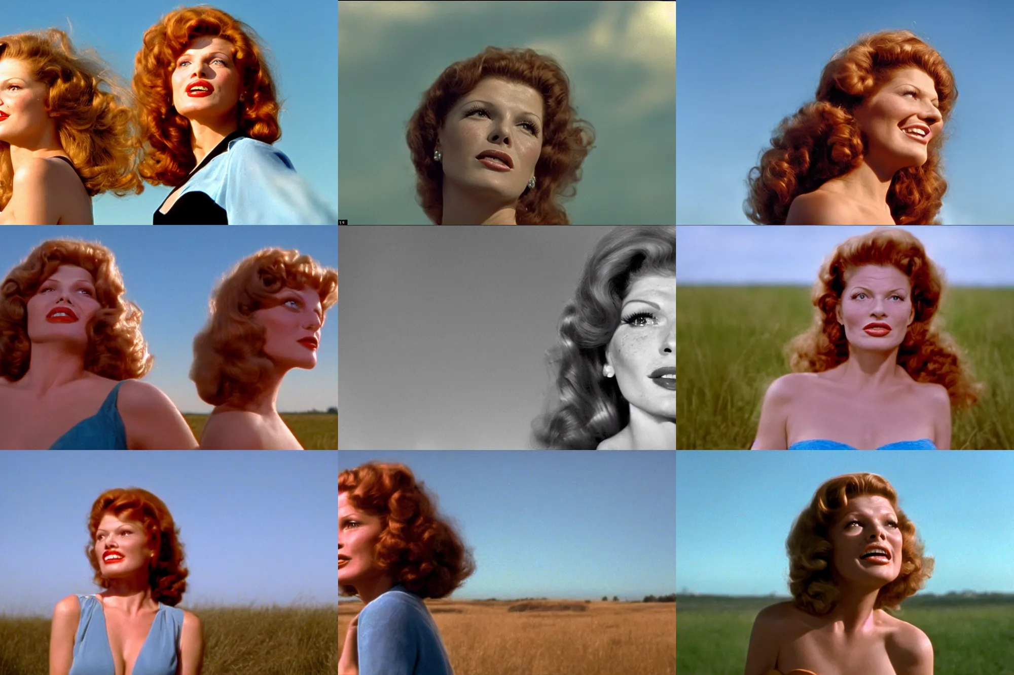 Prompt: natural 8 k shot from a 2 0 0 5 romantic comedy by sam mendes of rita hayworth with natural face, freckles, natural skin, beauty spots and very small lips. she stands and looks on the horizon with winds moving her hair. fuzzy blue sky in the background. small details, natural lighting, 2 4 mm lenses, sharp focus