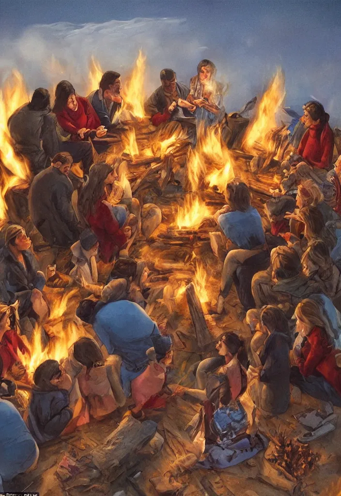 Image similar to realistic aerial race gather around a bonfire with a pregnant woman as her leader, intense blue eyes, realistic, antartic night