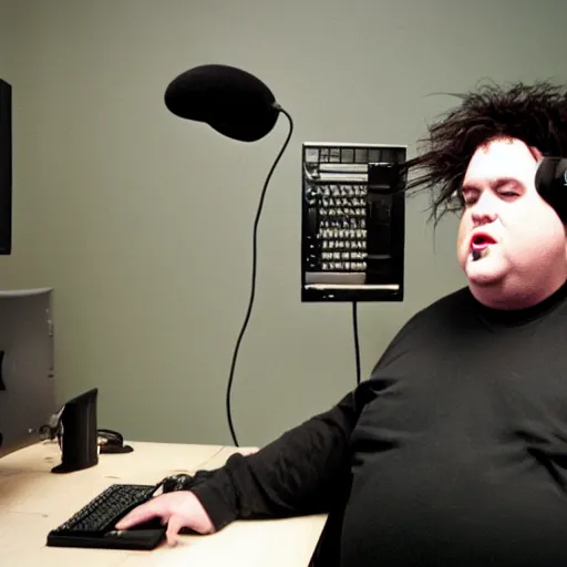 Image similar to obese Robert Smith wearing a headset yelling at his monitor while playing WoW highly detailed wide angle lens 10:9 aspect ration award winning photography by David Lynch