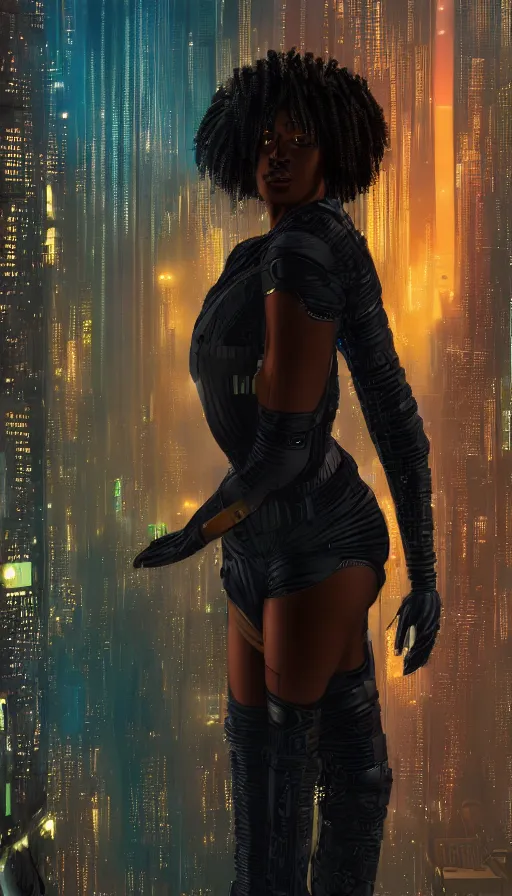 Image similar to a beautiful young Black woman, cyberpunk, Blade Runner city background, highly detailed, 8K, artstation, illustration, art by Gustav Klimt