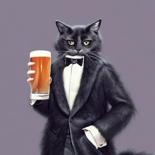 Image similar to a big dark angry powerful menacing grey cat wearing a suit. Holding a beer. Waving into the camera. With long fur and fluffy tail sitting, intricate, elegant, highly detailed, digital painting, artstation, concept art, matte, sharp focus, illustration, art by Artgerm and Greg Rutkowski and Alphonse Mucha