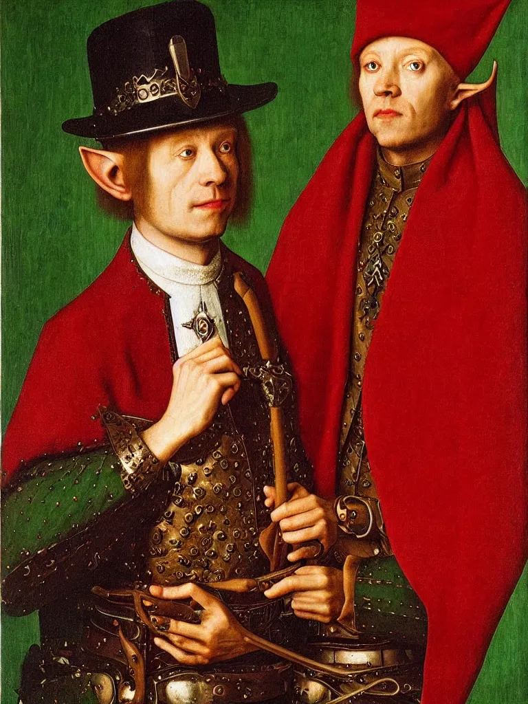 Prompt: portrait of a high fantasy elf sheriff by Jan van Eyck