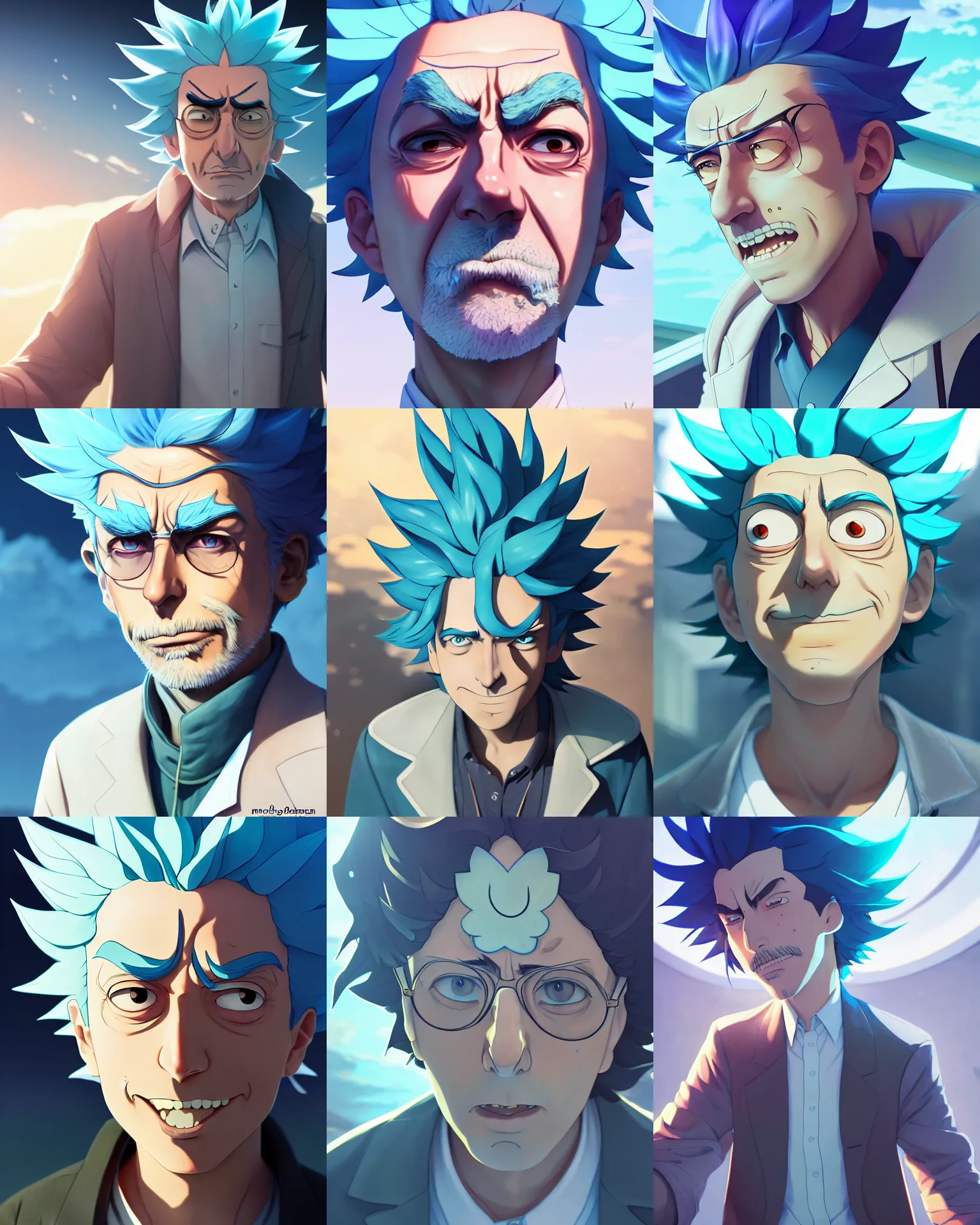 Prompt: rick sanchez from rick and morty, medium shot, visible face, detailed, perfectly shaded, perfectly shaded face, atmospheric lighting, by makoto shinkai, stanley artgerm lau, wlop, rossdraws, ( ( light blue hair ) )