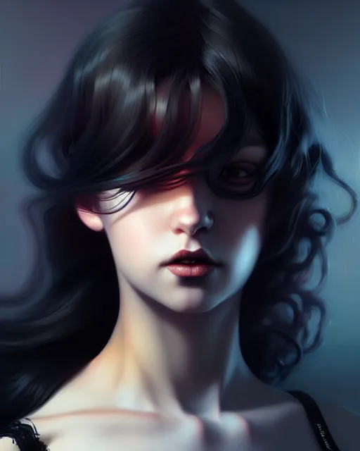 Image similar to hyper - realistic portrait of a gothic girl, dynamic wavy hair, dynamic body anatomy, detailed designs, digital painting, 4 k, by ilya kuvshinov, by greg rutkowski, atmospheric lighting