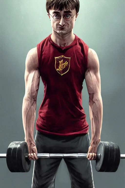 Image similar to highly detailed rendering of Daniel Radcliffe as Harry Potter doing barbell back squats, dingy workout gym, wearing a muscle tee shirt, muscular deep squats, symmetrical, highly detailed, digital painting, artstation, concept art, smooth, sharp focus, illustration, cinematic lighting, art by artgerm and greg rutkowski and alphonse mucha