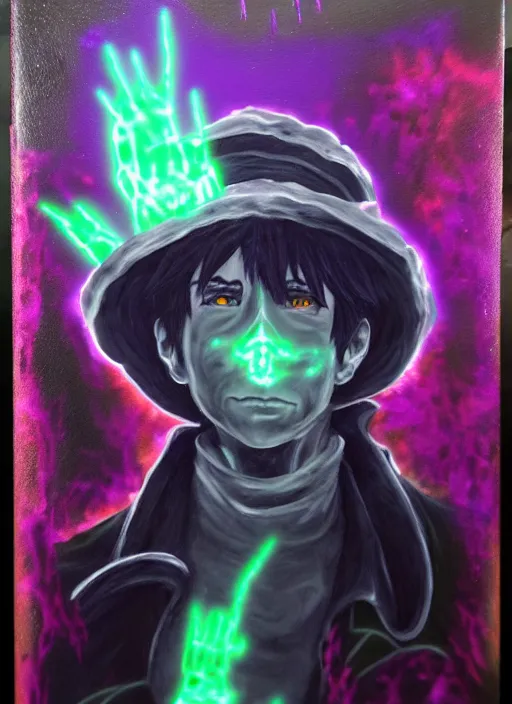 Prompt: made in abyss glamour necro science acrylic painting of salvia divinorum, photorealistic tony montana in a style of cyberpunk, magic glowing blur