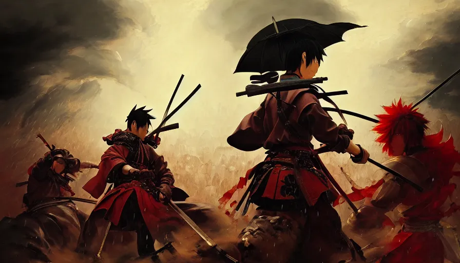 Image similar to baroque oil painting of key visual great samurai war, many warriors, rain, romantic, storm, final fantasy, akira kurosawa, fake detail, trending pixiv fanbox, acrylic palette knife, style of makoto shinkai takashi takeuchi yoshiyuki sadamoto greg rutkowski chiho aoshima, artstation, manga