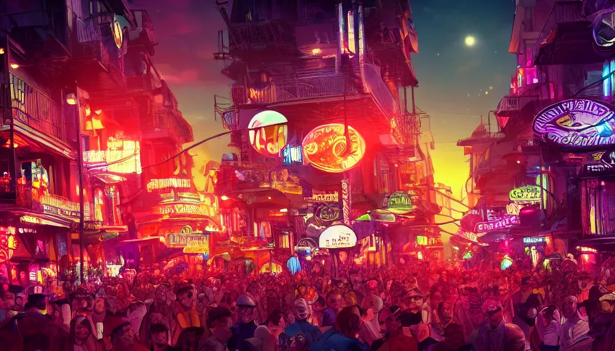 Prompt: futuristic crowded bourbon street, color lights, sunset, fanfare, hyperdetailed, artstation, cgsociety, 8 k